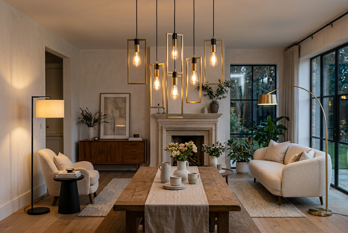 A modern living room interior featuring a multi-light geometric pendant chandelier with exposed Edison bulbs, a rustic wooden coffee table, a cream sofa, and a fireplace in the background.