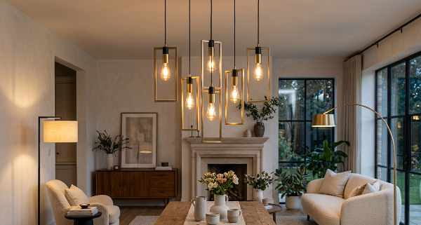 A modern living room interior featuring a multi-light geometric pendant chandelier with exposed Edison bulbs, a rustic wooden coffee table, a cream sofa, and a fireplace in the background.