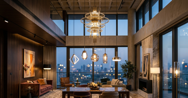 A luxury modern dining room and living room interior with a large chandelier, marble floors, and floor-to-ceiling windows overlooking a city skyline at dusk.
